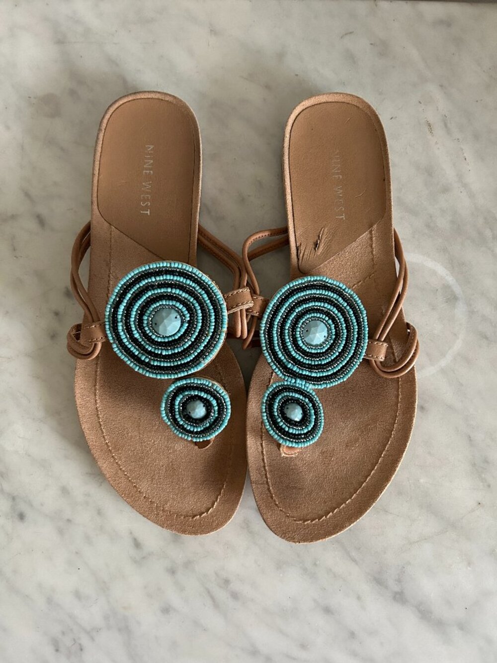 Nine West Hippie Beaded Thong Sandals Size 8 Turquoise Aquamarine Boho Flats